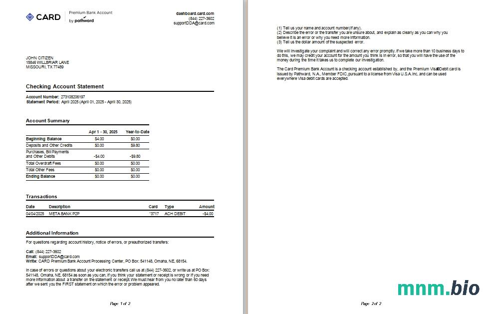 Szablon wyciągu bankowego USA TD w programie Word i PDF